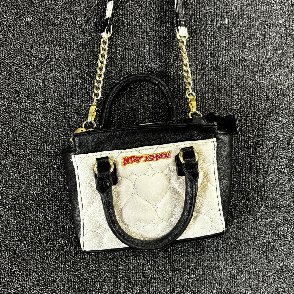 Betsey Johnson Mini Satchel Handbag Heart Quilted Black White Crossbody Bag